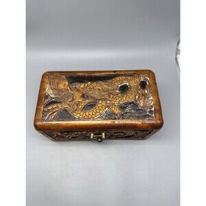 Vintage Hand Carved Wooden Dragon Trinket Box Asian Relief